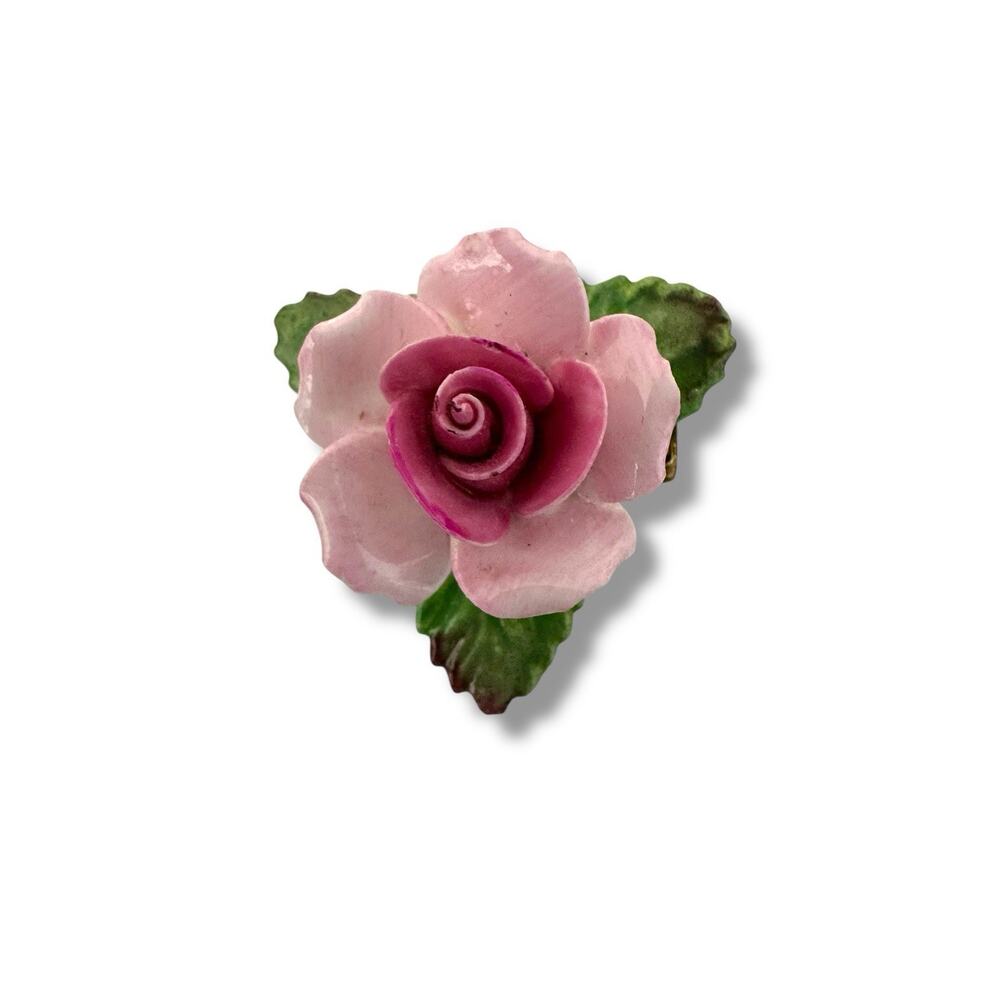 VINTAGE DENTON CHINA Pink Rose FLORAL PIRCELAIN BROOCH PIN Signed UK